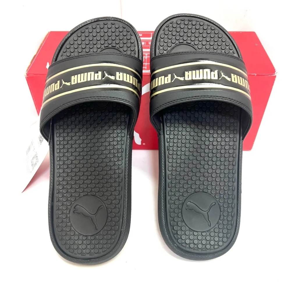 PUMA 👣Cool Cat Stripe Repat BX Slides in Puma Black, Team Gold💦